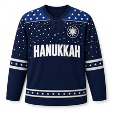 Load image into Gallery viewer, Snowfall Star Yoke Hanukkah Hockey Jersey in Yoke Midnight Snow, front view – custom name and number