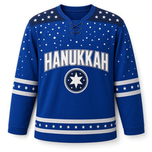 Load image into Gallery viewer, Snowfall Star Yoke Hanukkah Hockey Jersey in Yoke Royal Snow, front view – custom name and number
