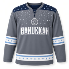 Load image into Gallery viewer, Snowfall Star Yoke Hanukkah Hockey Jersey in Yoke Slate Snow, front view – custom name and number