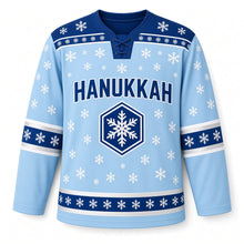 Load image into Gallery viewer, Snowflake Star Hanukkah Hockey Jersey in Frost Blue, front view – custom name and number