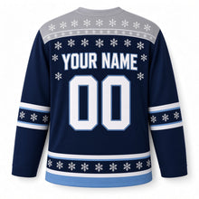 Load image into Gallery viewer, Snowflake Star Hanukkah Hockey Jersey in Winter Navy, back view with your name and number