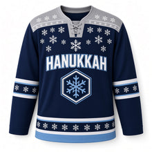 Load image into Gallery viewer, Snowflake Star Hanukkah Hockey Jersey in Winter Navy, front view – custom name and number