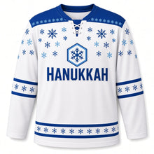 Load image into Gallery viewer, Snowflake Star Hanukkah Hockey Jersey in Fresh Snow White, front view – custom name and number