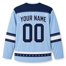 Load image into Gallery viewer, Snowy Owl Candlelight Hanukkah Hockey Jersey in Owl Ice Blue, back view with your name and number