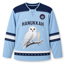 Load image into Gallery viewer, Snowy Owl Candlelight Hanukkah Hockey Jersey in Owl Ice Blue, front view – custom name and number