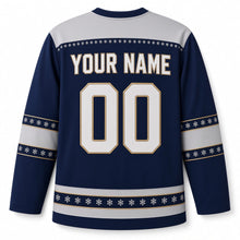 Load image into Gallery viewer, Snowy Owl Candlelight Hanukkah Hockey Jersey in Owl Indigo, back view with your name and number