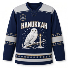 Load image into Gallery viewer, Snowy Owl Candlelight Hanukkah Hockey Jersey in Owl Indigo, front view – custom name and number
