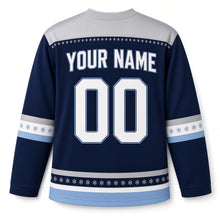 Load image into Gallery viewer, Snowy Owl Candlelight Hanukkah Hockey Jersey in Owl Winter Night, back view with your name and number