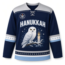 Load image into Gallery viewer, Snowy Owl Candlelight Hanukkah Hockey Jersey in Owl Winter Night, front view – custom name and number