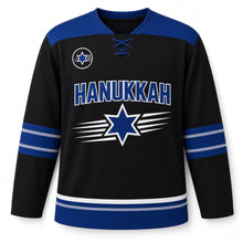 Load image into Gallery viewer, Speed Line Star Hanukkah Hockey Jersey in Speedline Black, front view – custom name and number