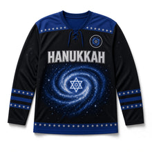 Load image into Gallery viewer, Spiral Galaxy Star Hanukkah Hockey Jersey in Galaxy Black, front view – custom name and number
