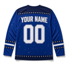 Load image into Gallery viewer, Spiral Galaxy Star Hanukkah Hockey Jersey in Galaxy Cobalt, back view with your name and number