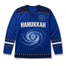 Load image into Gallery viewer, Spiral Galaxy Star Hanukkah Hockey Jersey in Galaxy Cobalt, front view – custom name and number