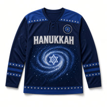 Load image into Gallery viewer, Spiral Galaxy Star Hanukkah Hockey Jersey in Galaxy Deep Space, front view – custom name and number