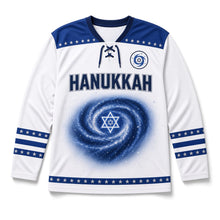 Load image into Gallery viewer, Spiral Galaxy Star Hanukkah Hockey Jersey in Galaxy Starlight White, front view – custom name and number
