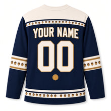 Load image into Gallery viewer, Squirrel Gelt Stash Hanukkah Hockey Jersey in Squirrel Navy, back view with your name and number
