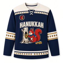 Load image into Gallery viewer, Squirrel Gelt Stash Hanukkah Hockey Jersey in Squirrel Navy, front view – custom name and number