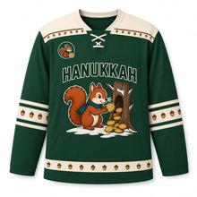 Load image into Gallery viewer, Squirrel Gelt Stash Hanukkah Hockey Jersey in Squirrel Pine, front view – custom name and number