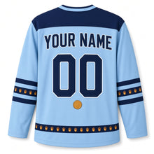 Load image into Gallery viewer, Squirrel Gelt Stash Hanukkah Hockey Jersey in Squirrel Sky Blue, back view with your name and number