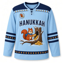 Load image into Gallery viewer, Squirrel Gelt Stash Hanukkah Hockey Jersey in Squirrel Sky Blue, front view – custom name and number