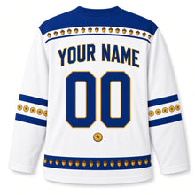 Load image into Gallery viewer, Squirrel Gelt Stash Hanukkah Hockey Jersey in Squirrel Snow White, back view with your name and number