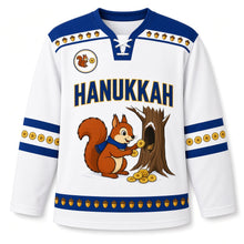 Load image into Gallery viewer, Squirrel Gelt Stash Hanukkah Hockey Jersey in Squirrel Snow White, front view – custom name and number