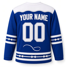 Load image into Gallery viewer, Star Kite Winter Sky Hanukkah Hockey Jersey in Kite Royal, back view with your name and number