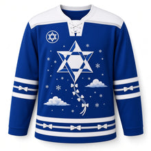 Load image into Gallery viewer, Star Kite Winter Sky Hanukkah Hockey Jersey in Kite Royal, front view – custom name and number