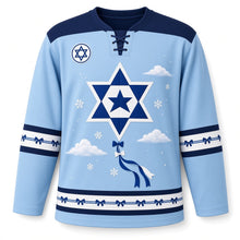 Load image into Gallery viewer, Star Kite Winter Sky Hanukkah Hockey Jersey in Kite Winter Sky, front view – custom name and number