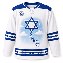 Load image into Gallery viewer, Star Kite Winter Sky Hanukkah Hockey Jersey in Kite Cloud White, front view – custom name and number