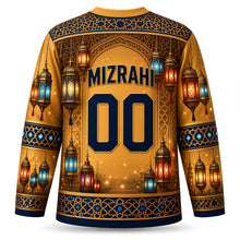 Load image into Gallery viewer, Star Lantern Glow Hanukkah Hockey Jersey in Amber Light, back view with your name and number