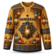 Load image into Gallery viewer, Star Lantern Glow Hanukkah Hockey Jersey in Amber Light, front view – custom name and number