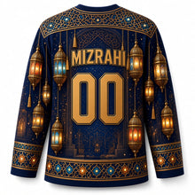 Load image into Gallery viewer, Star Lantern Glow Hanukkah Hockey Jersey in Lantern Midnight, back view with your name and number