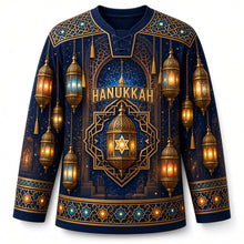 Load image into Gallery viewer, Star Lantern Glow Hanukkah Hockey Jersey in Lantern Midnight, front view – custom name and number