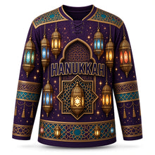 Load image into Gallery viewer, Star Lantern Glow Hanukkah Hockey Jersey in Desert Plum, front view – custom name and number