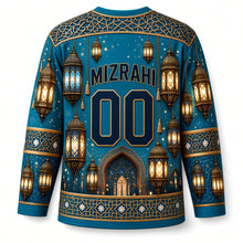 Load image into Gallery viewer, Star Lantern Glow Hanukkah Hockey Jersey in Turquoise Glow, back view with your name and number