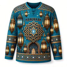 Load image into Gallery viewer, Star Lantern Glow Hanukkah Hockey Jersey in Turquoise Glow, front view – custom name and number