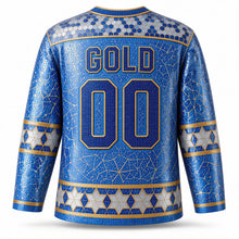 Load image into Gallery viewer, Star of David Mosaic Hanukkah Hockey Jersey in Azure Glass, back view with your name and number