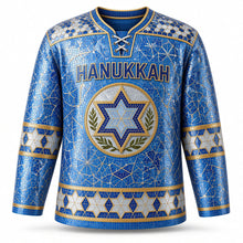 Load image into Gallery viewer, Star of David Mosaic Hanukkah Hockey Jersey in Azure Glass, front view – custom name and number