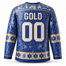 Load image into Gallery viewer, Star of David Mosaic Hanukkah Hockey Jersey in Cobalt Tile, back view with your name and number