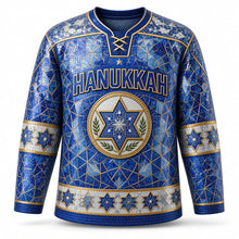 Load image into Gallery viewer, Star of David Mosaic Hanukkah Hockey Jersey in Cobalt Tile, front view – custom name and number