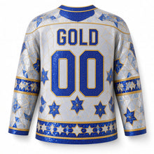 Load image into Gallery viewer, Star of David Mosaic Hanukkah Hockey Jersey in Pearl White, back view with your name and number