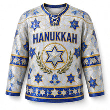 Load image into Gallery viewer, Star of David Mosaic Hanukkah Hockey Jersey in Pearl White, front view – custom name and number