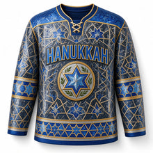 Load image into Gallery viewer, Star of David Mosaic Hanukkah Hockey Jersey in Slate Night, front view – custom name and number