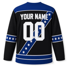 Load image into Gallery viewer, Starlight Sash Hanukkah Hockey Jersey in Black Sash, back view with your name and number