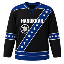 Load image into Gallery viewer, Starlight Sash Hanukkah Hockey Jersey in Black Sash, front view – custom name and number