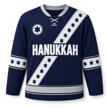 Load image into Gallery viewer, Starlight Sash Hanukkah Hockey Jersey in Navy Sash, front view – custom name and number