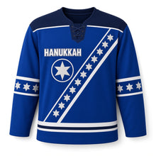 Load image into Gallery viewer, Starlight Sash Hanukkah Hockey Jersey in Royal Sash, front view – custom name and number