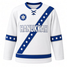 Load image into Gallery viewer, Starlight Sash Hanukkah Hockey Jersey in White Sash, front view – custom name and number