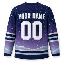 Load image into Gallery viewer, Starry Winter Sky Hanukkah Hockey Jersey in Twilight Indigo, back view with your name and number